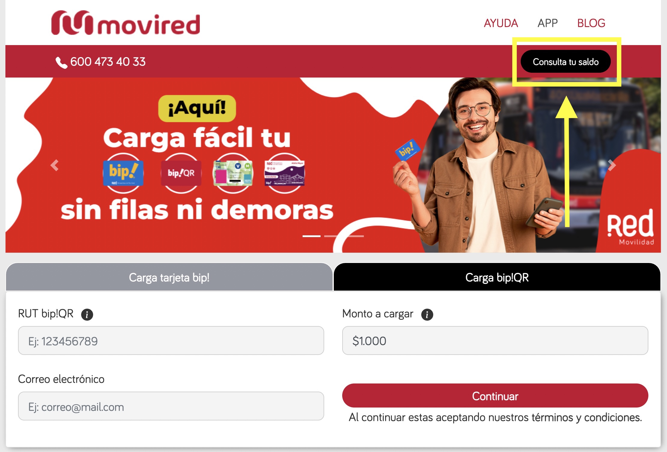 Consulta saldo Bip! en Movired
