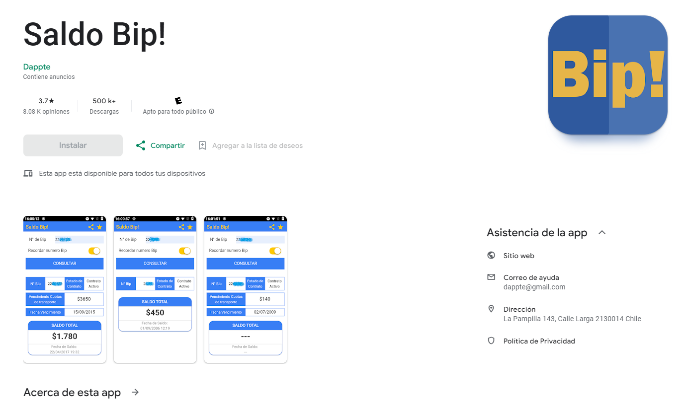 Saldo Bip en Google Play.