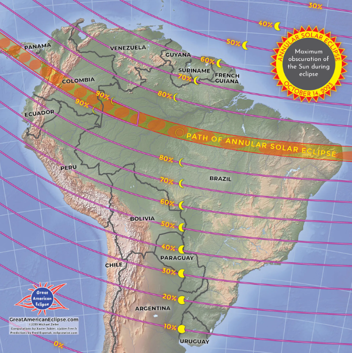 Eclipse solar 14 octubre. Mapa de la NASA.