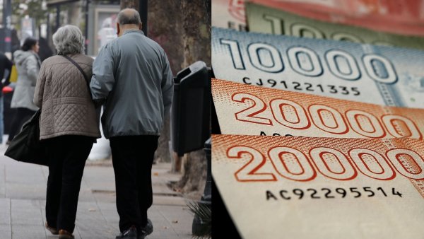 Personas mayores y billetes chilenos de diferentes valores. PGU.