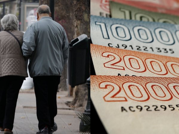 Personas mayores y billetes chilenos de diferentes valores. PGU.