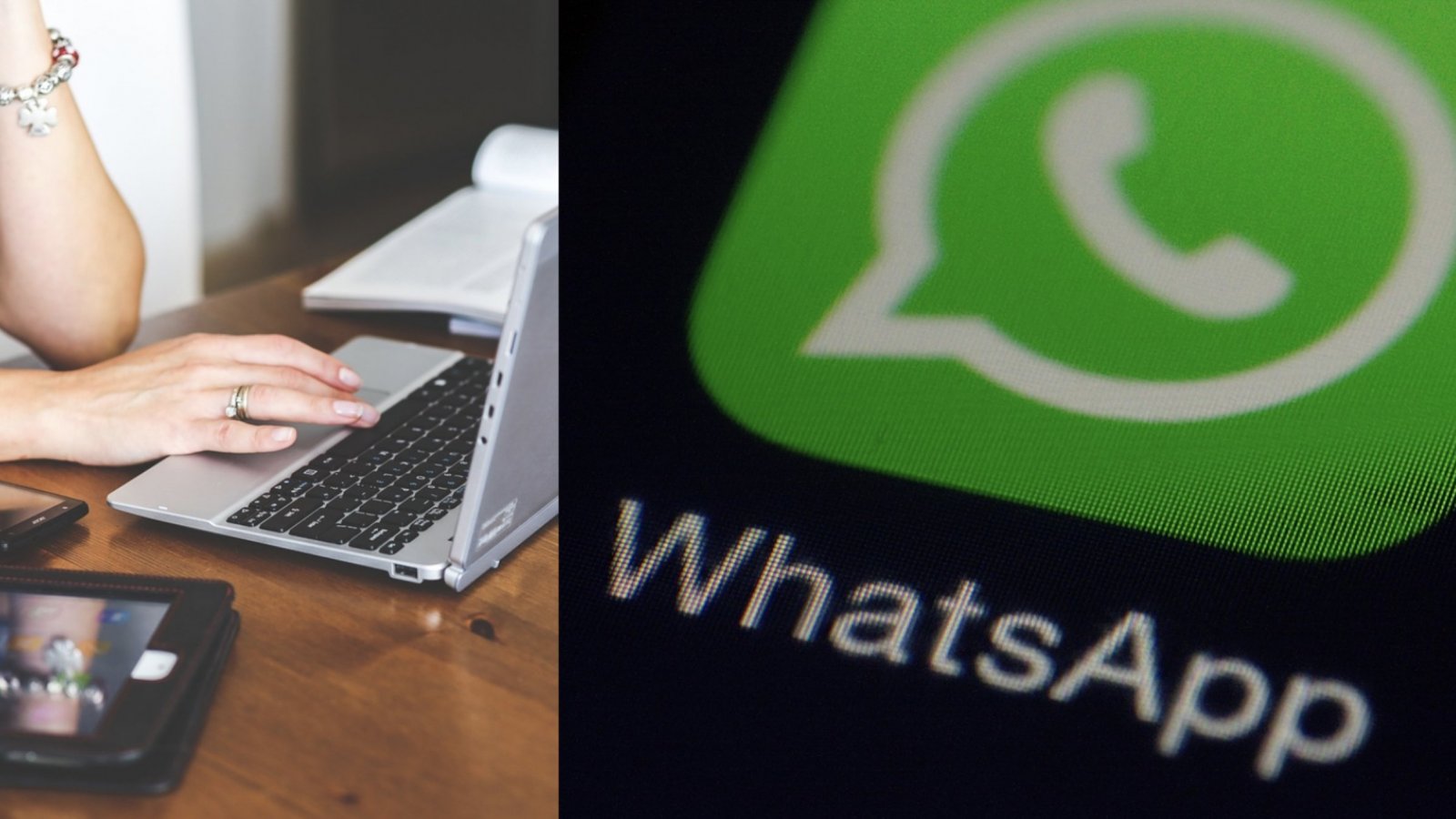 Persona en un computador y logo de WhatsApp. WhatsApp Web