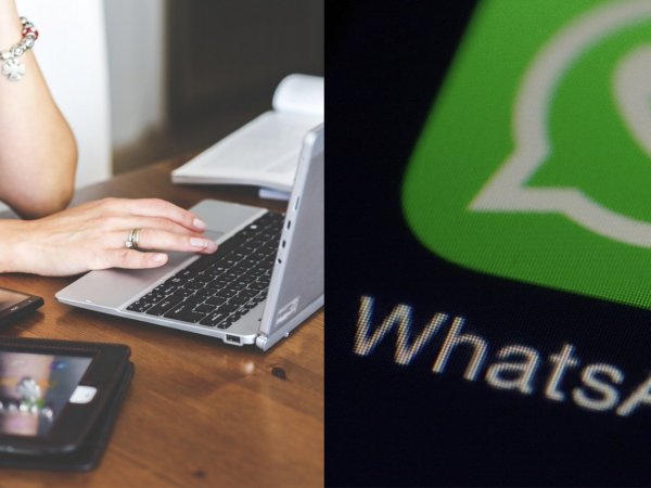 Persona en un computador y logo de WhatsApp. WhatsApp Web