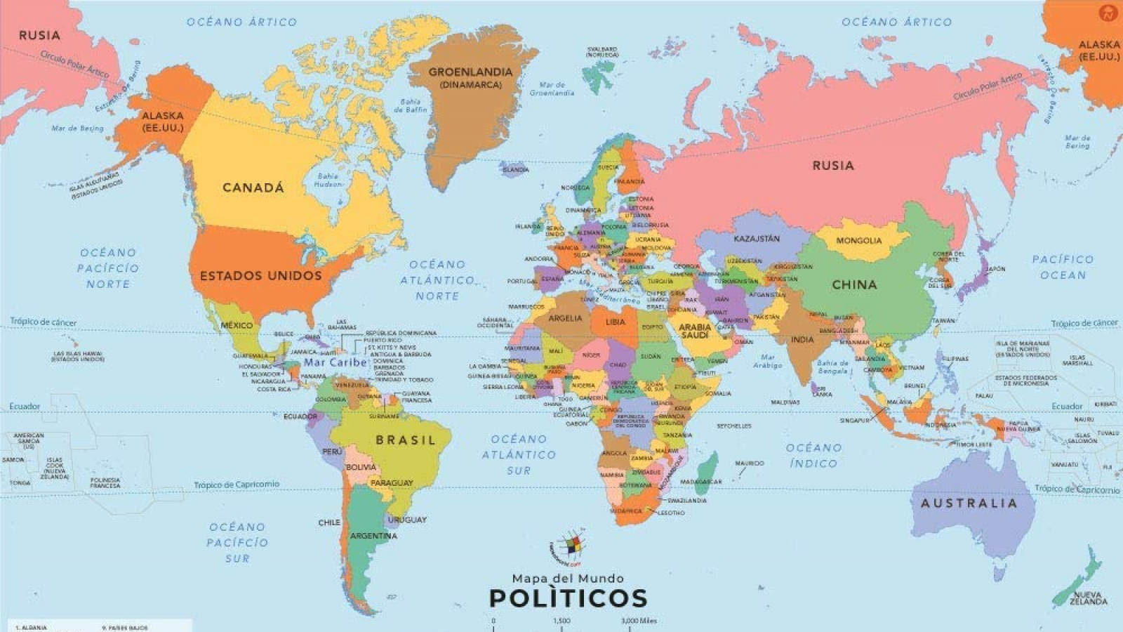 Mapa del mundo y detalle de país que conforman América
