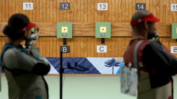 Competitors in the Air Mixed Team Rifle during the Santiago 2023 Pan American Games