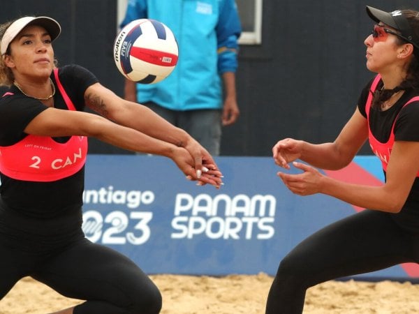 Canada's Melissa Humana-Paredes and Brandie Wilkerson competes against Paraguay's at the Santiago 2023 Pan American Games
