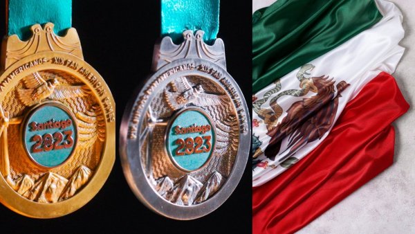Medallas Juegos Panamericanos 2023 y bandera de México.
