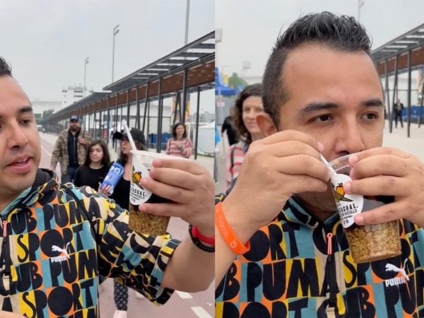 Tiktoker prueba mote con huesillo en Santiago 2023.