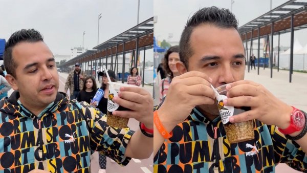 Tiktoker prueba mote con huesillo en Santiago 2023.