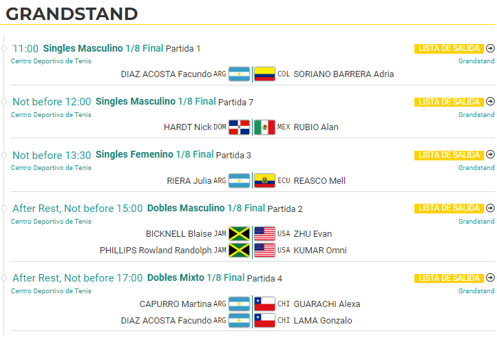 En Grandstand: Individual Femenino y Masculino, Dobles Masculino y Dobles Mixto