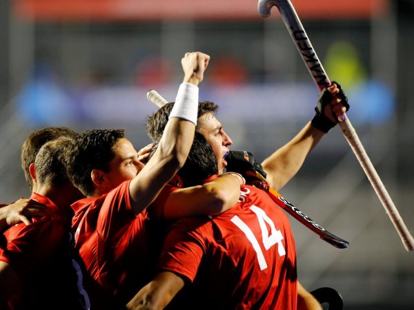 Selección chilena (los Diablos) en partido de hockey césped masculino en los Juegos Panamericanos Santiago 2023.