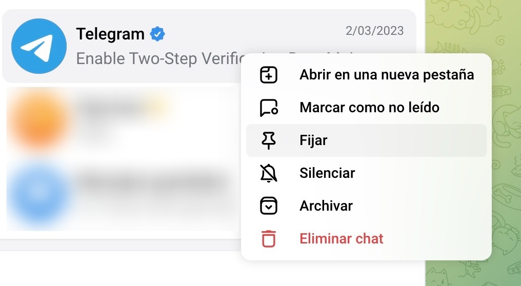 Telegram web. Fijar chat