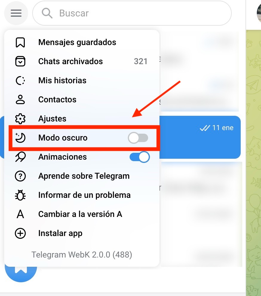 Modo oscuro Telegram Web