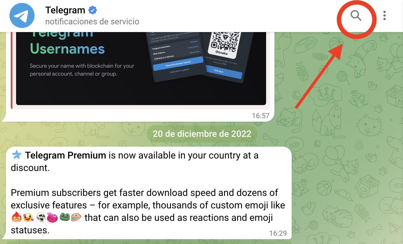 Telegram Web. Buscar mensajes en chats