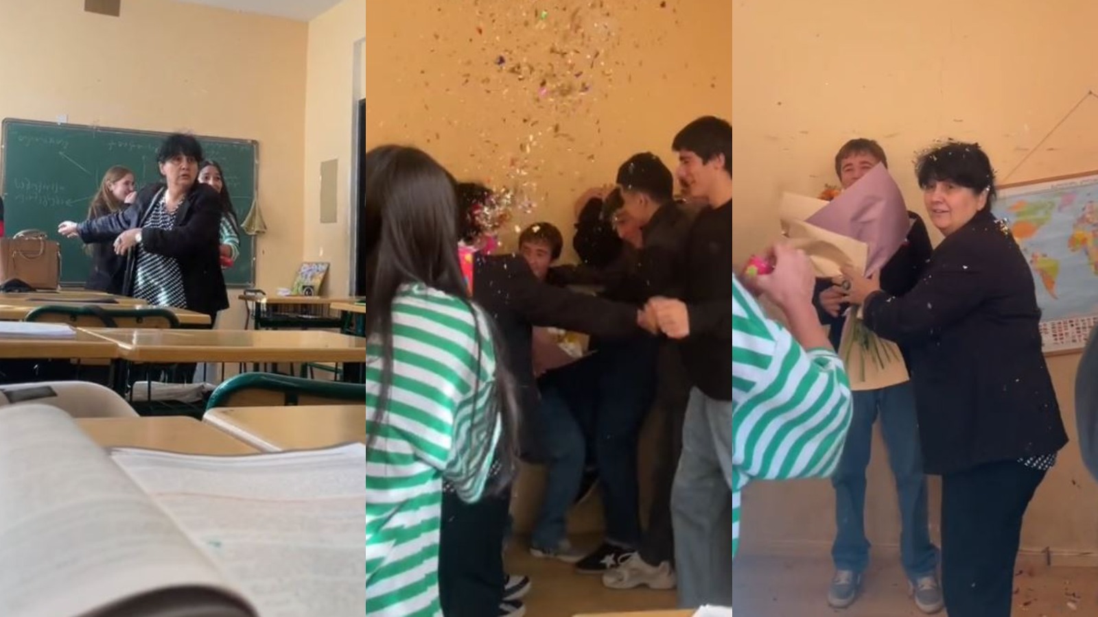 Estudiantes sorprenden a su profesora por su cumpleaños fingiendo una pelea