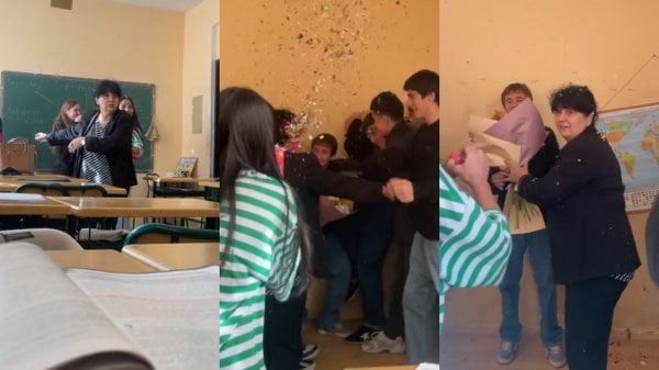 Estudiantes sorprenden a su profesora por su cumpleaños fingiendo una pelea