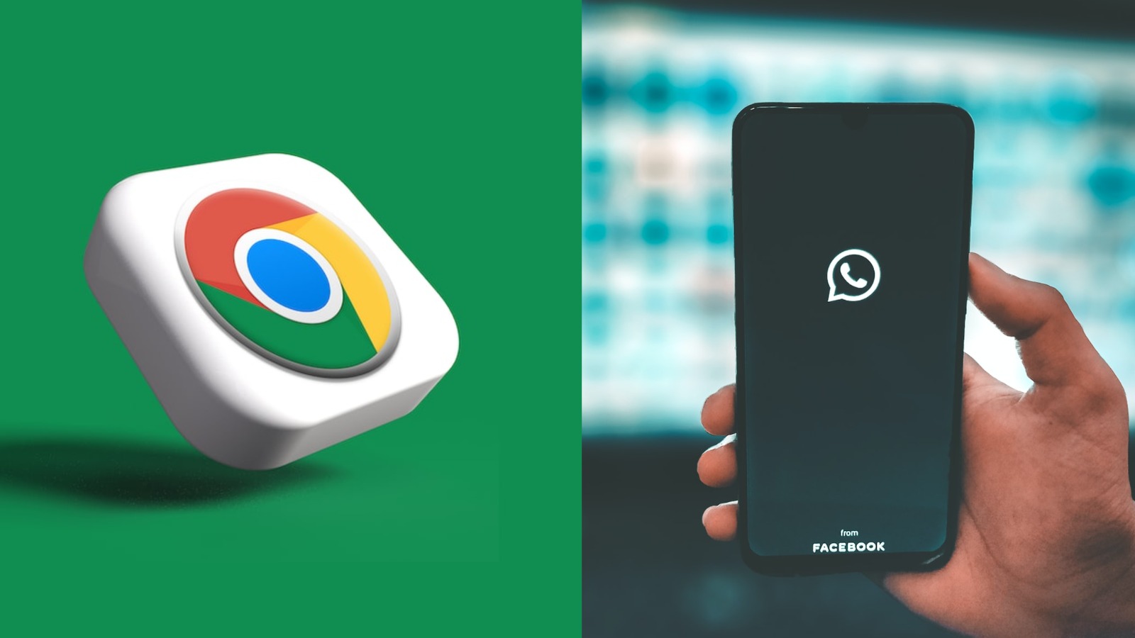 Logo de Google Chrome y una foto de un teléfono abriendo WhatsApp