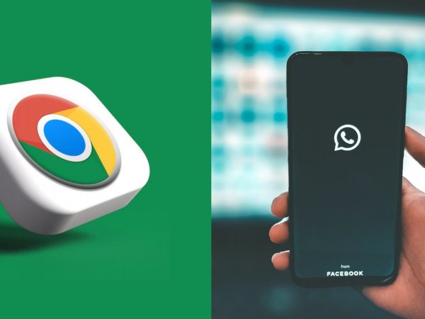 Logo de Google Chrome y una foto de un teléfono abriendo WhatsApp