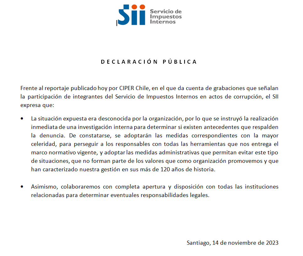 Declaración pública del SII.