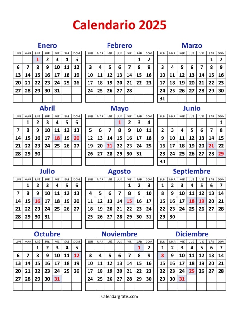 Calendario 2025 con feriados simple (vertical)