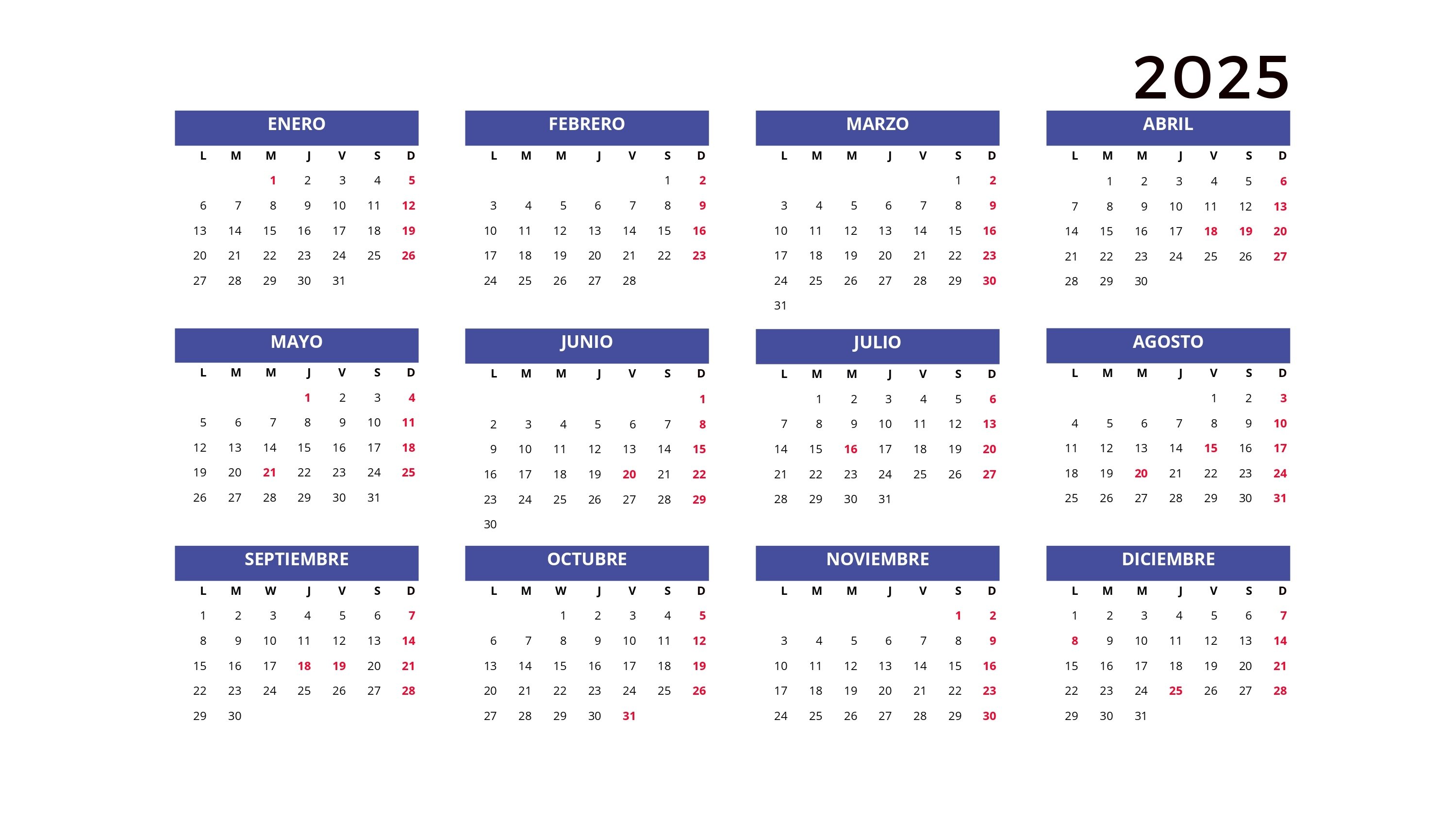 Calendario 2025 con feriados simple