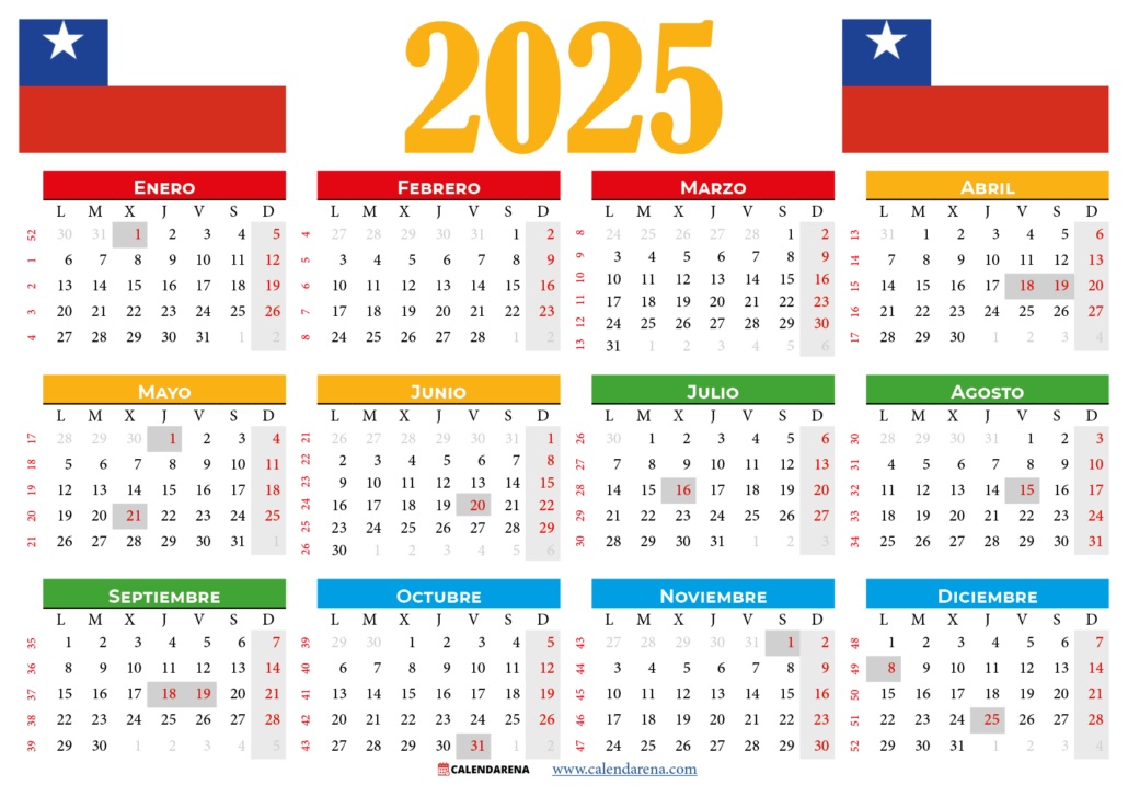 Calendario 2025 con feriados y banderas de Chile