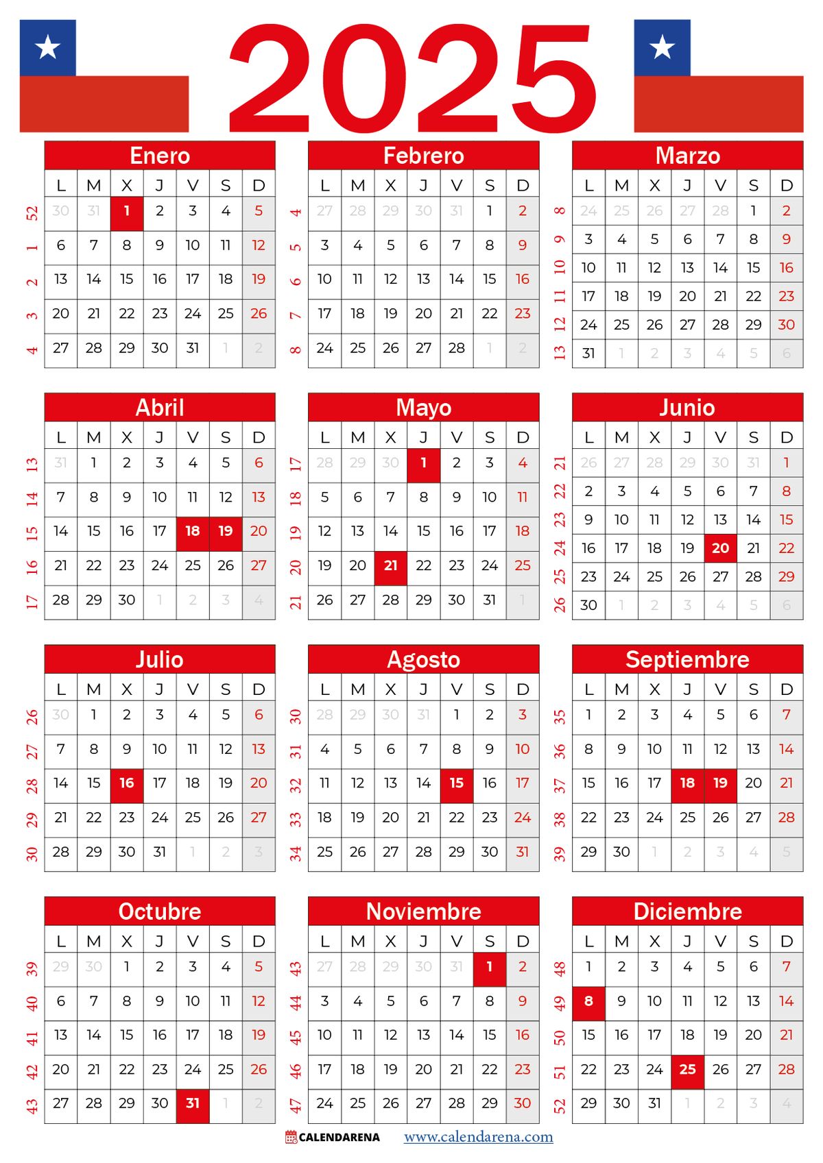 Calendario 2025 con feriados y banderas de Chile 2