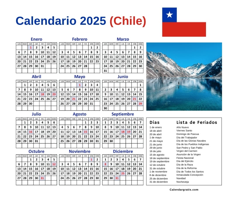 Calendario 2025 con feriados y paisaje