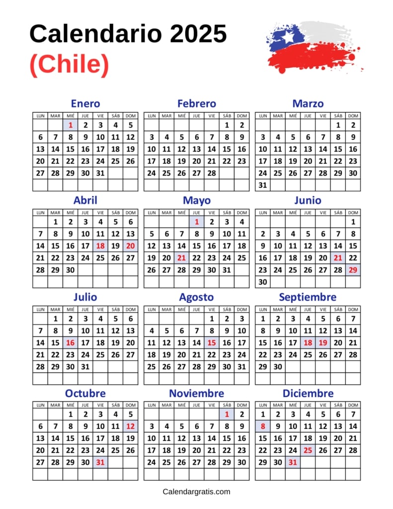 Calendario 2025 con feriados simple y con bandera