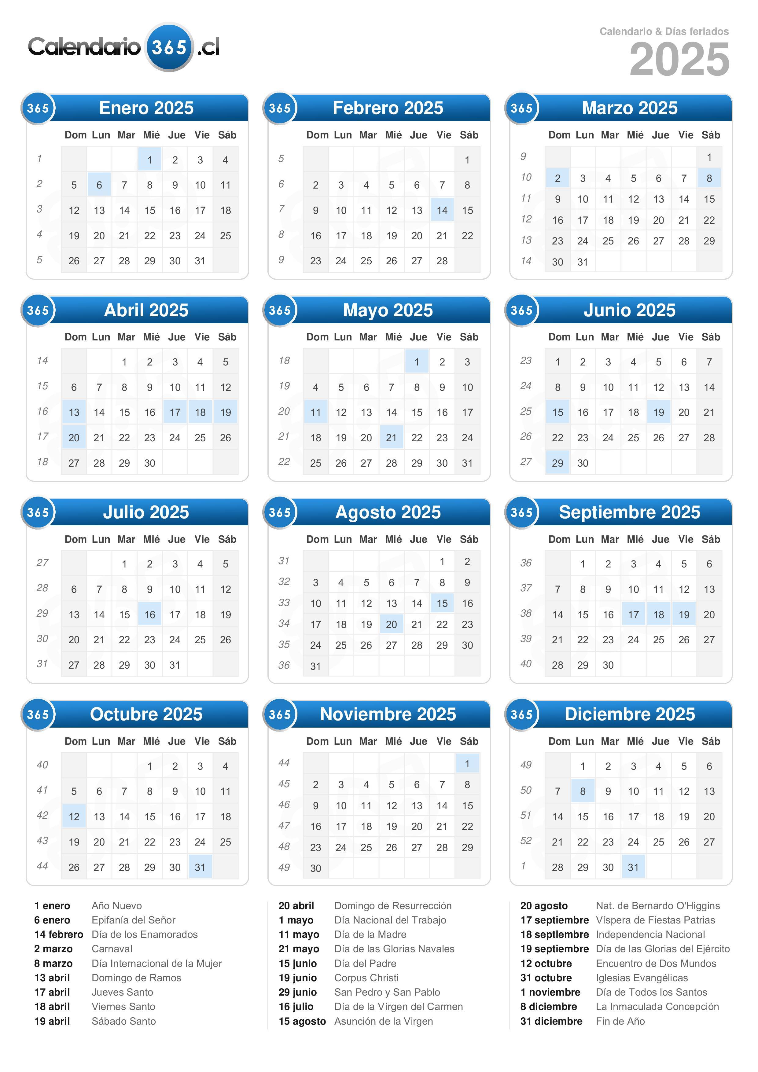 Calendario 2025 con feriados y otras efemérides