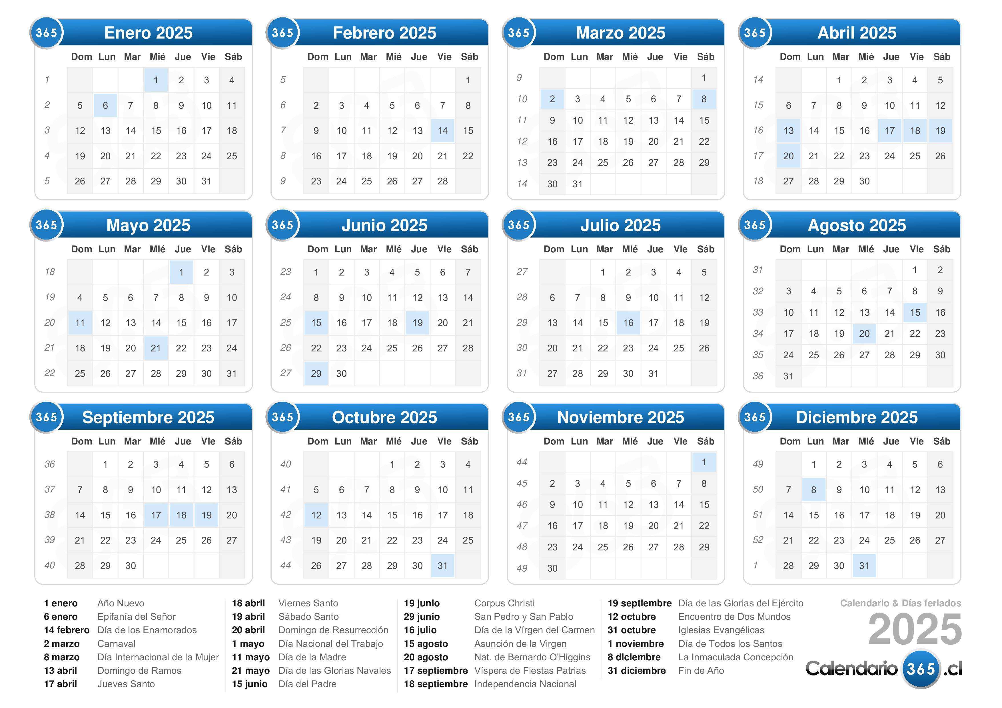 Calendario 2025 con feriados y otras efemérides (horizontal)