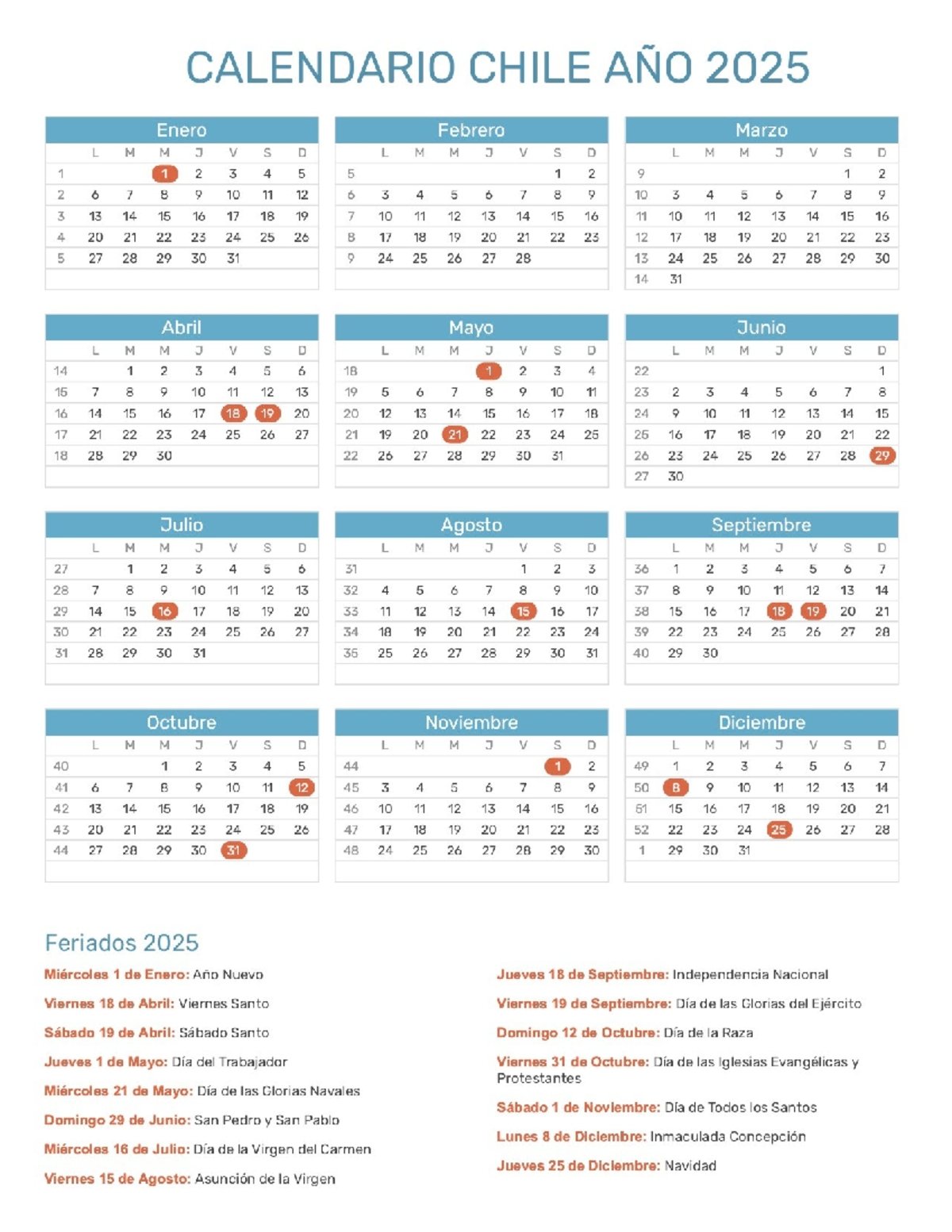 Calendario 2025 con feriados con celeste