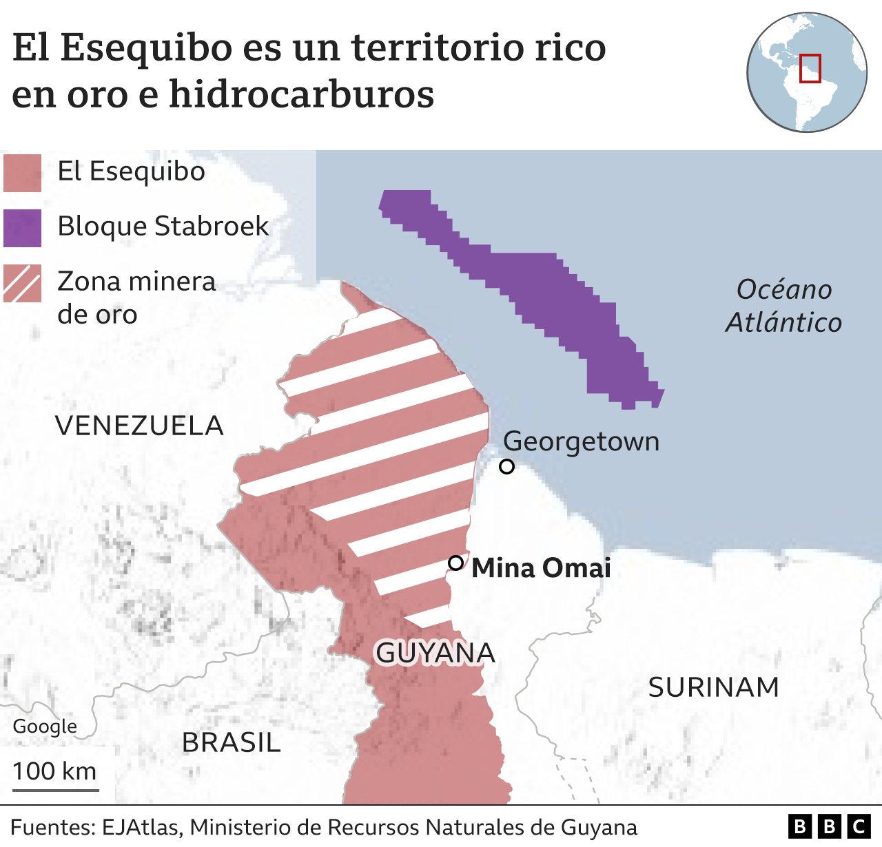 Mapa de oro y Bloque Stabroek en el Esequibo