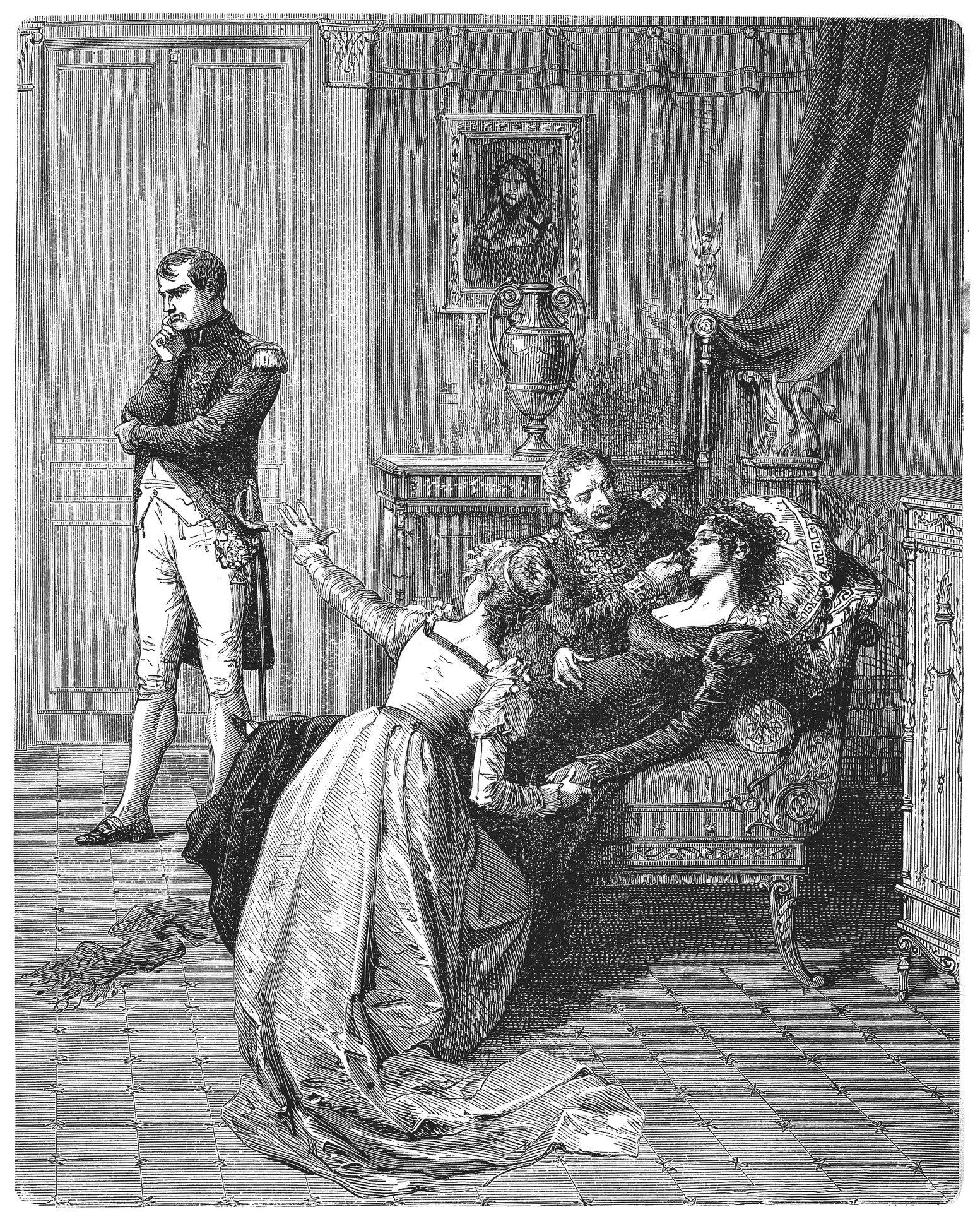 Grabado donde se ve a Josefina desmayada en un sofá y Napoleón de pie.