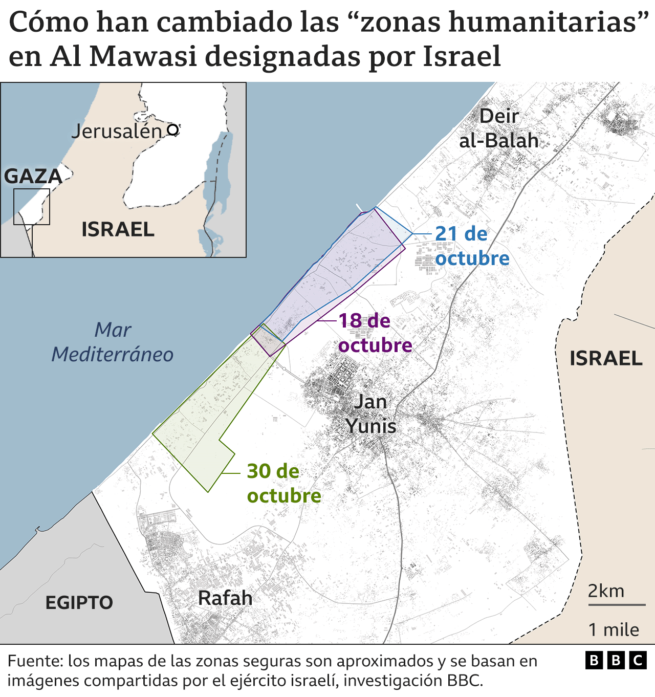 Mapa de las zonas humanitarias de Gaza.