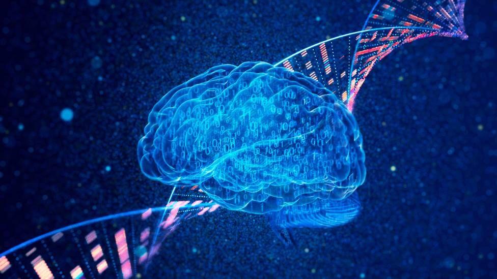 Ilustración de ADN y un cerebro humano