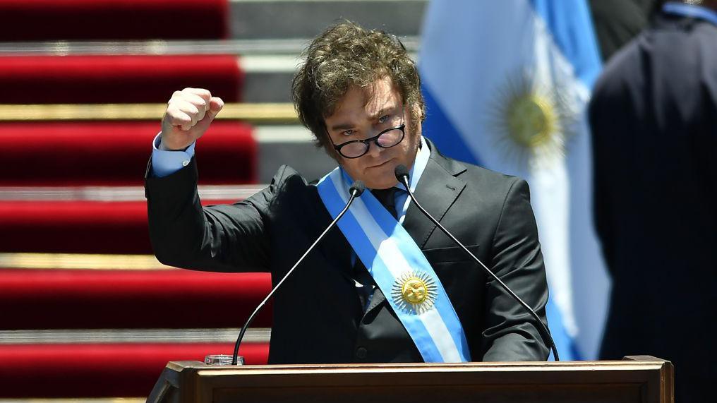 Javier Milei en su primer discurso como presidente.