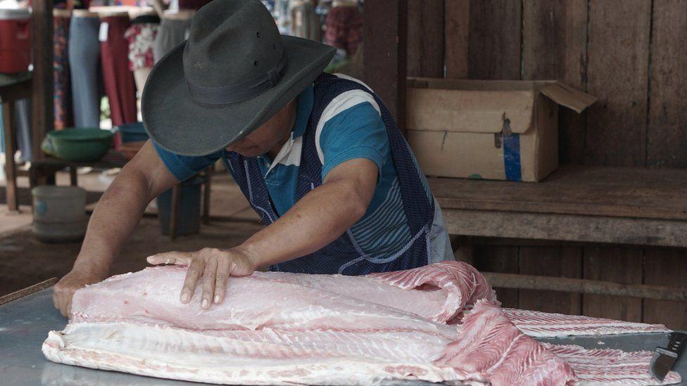 Un trabajador limpia y corta trozos de paiche