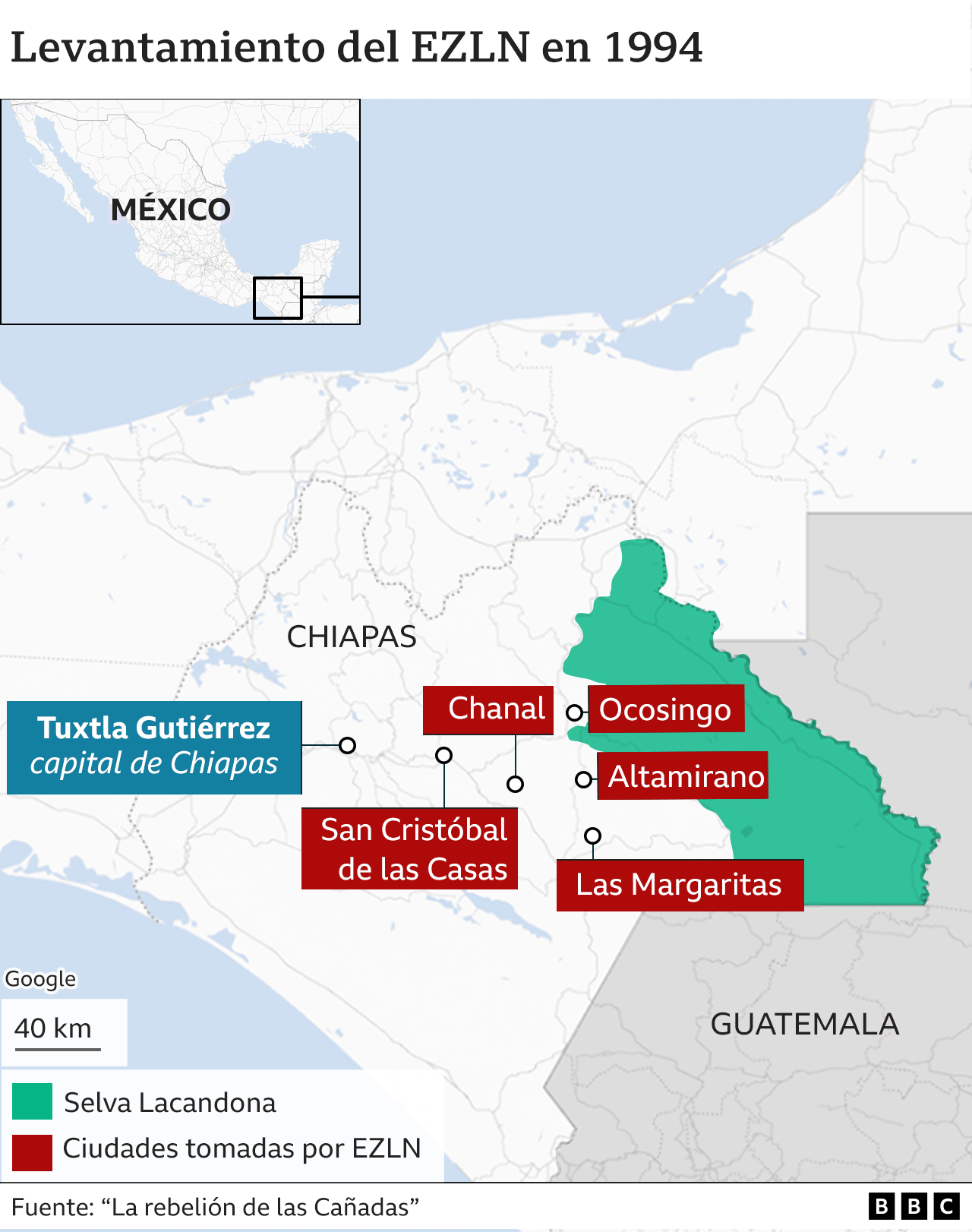 Mapa de las ciudades tomadas por el EZLN