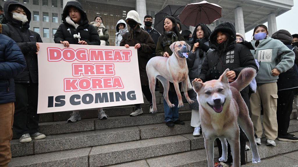 Activistas por los derechos de los animales en la Asamblea Nacional de Seúl.