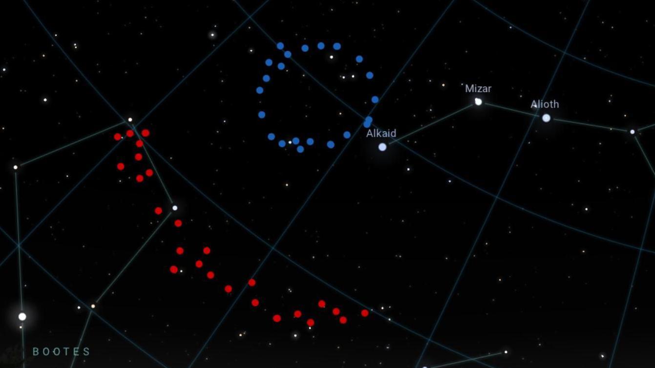 Una representación artística que resalta el Gran Anillo (en azul) y el Gran Arco (en rojo)