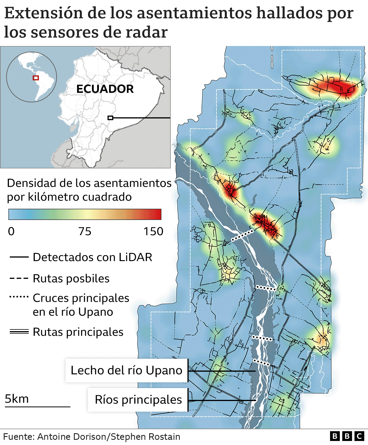 Mapa que muestra la extensión los asentamientos detectados por los sensores de radarhallados 