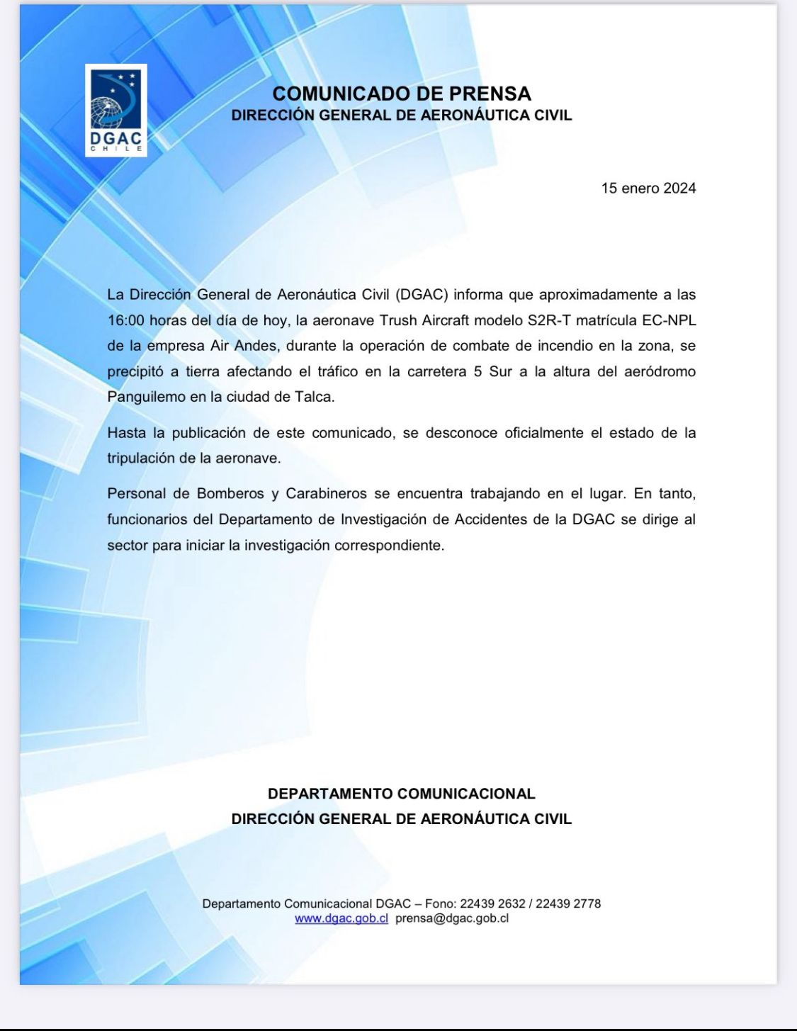 Dirección General de Aeronáutica Civil (DGAC) por avionete en Talca