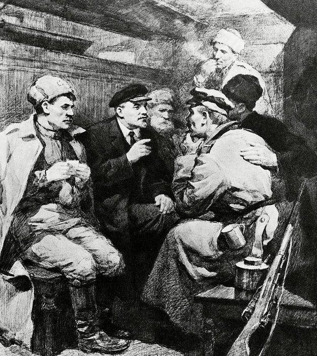 Lenin con soldados en vagón sellado