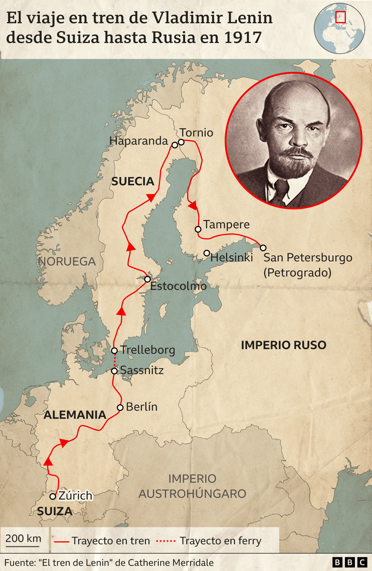 Mapa del viaje de Lenin desde Suiza hasta Rusia