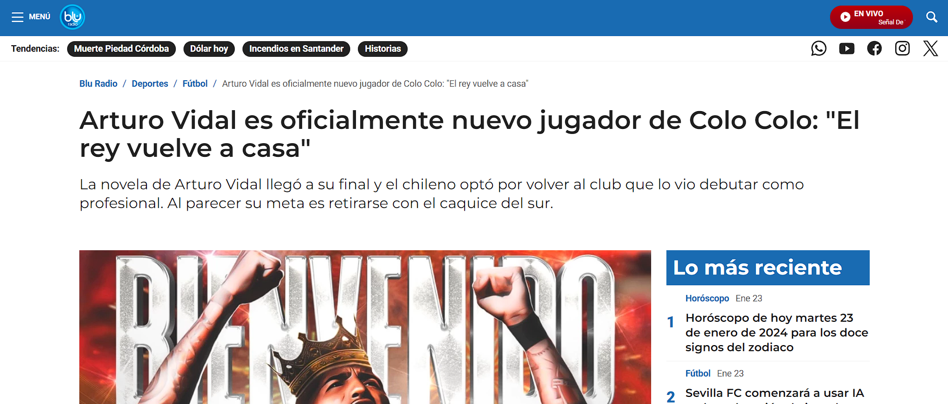 Noticia de Blu Radio por fichaje de Arturo Vidal