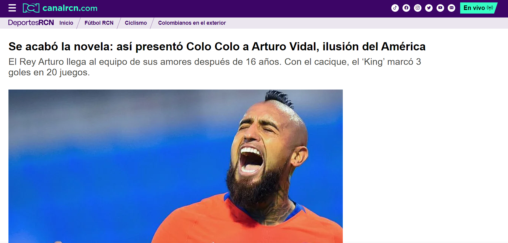 Noticia de Arturo Vidal en Canal RCN