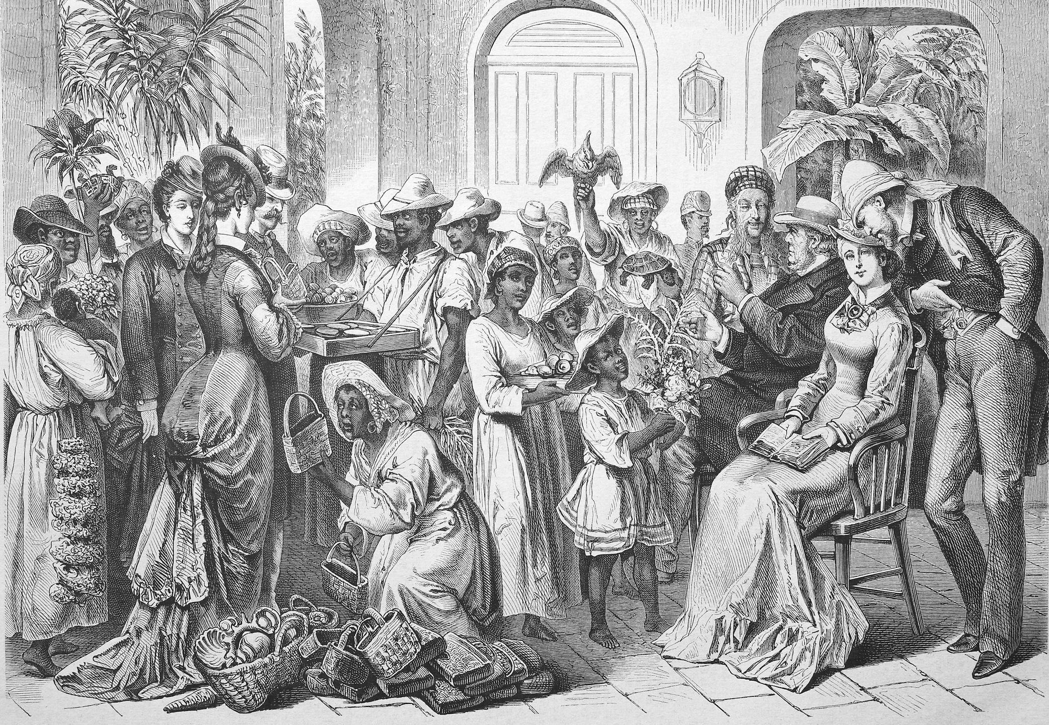 Ilustración de la aristocracia cubana del siglo XIX y sus esclavos.