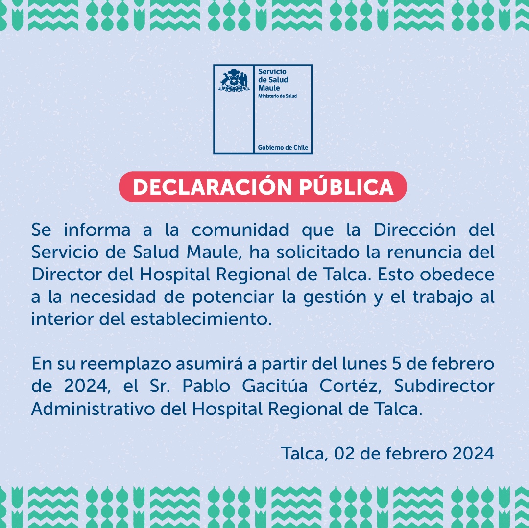 Declaración pública renuncia director hospital regional de talca