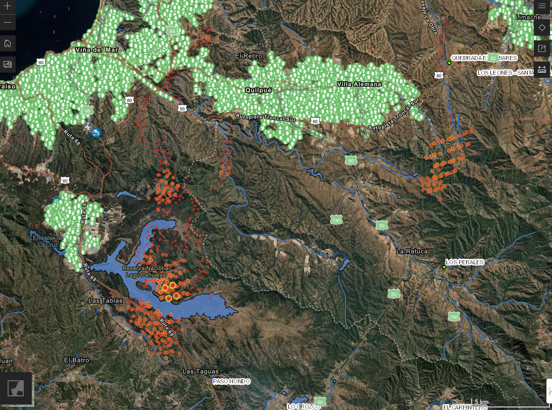 Mapa de incendios en Valparaíso y Marga Marga.